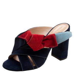 Pre Owned Chloe Navy Blue Suede Nellie Bow Mules Size 38