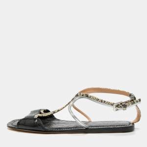 Pre Owned Chloe Multicolor Lizard Embossed and Croc Embossed Leather Ankle Strap Flats Size 38.5