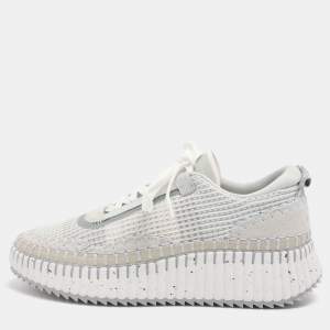 Pre Owned Chloé Nama Size 39 Grey Knit Fabric and Suede Low Top Sneakers