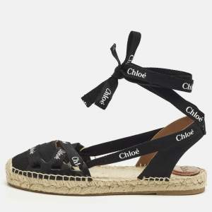 Pre Owned Chloe Lauren Size 38 Black Canvas Ankle Wrap Espadrille Flats