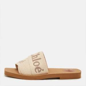 Pre Owned Chloé Woody Size 38 Beige Canvas Flat Slides