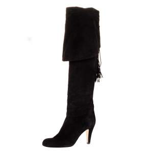 Pre Owned Chloe Black Suede Leather Over The Knee Boots Size 37