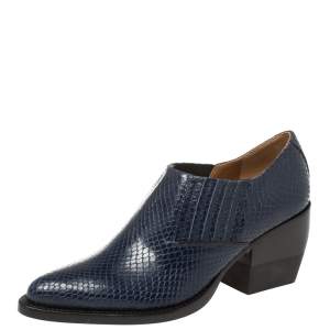 Pre Owned Chloe Blue Snake Embossed Leather Block Heel Ankle Booties Size 37