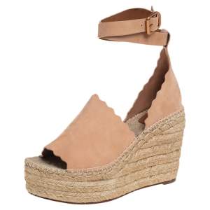 Chloe Beige Suede Scalloped Espadrille Wedge Platform Sandals Size 41