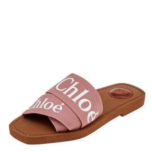 Pre Owned Chloe Pink Canvas Logo Woody Slide Sandals Size 36