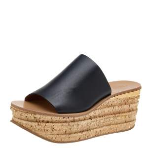 Chloe Black Leather Cork Wedge Platform Slide Sandals Size 39