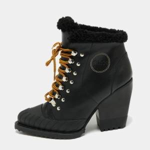 Pre Owned Chloe Black Leather And Woven Fabric Rylee Ankle Boots Size 38.5