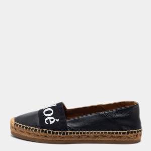 Pre Owned Chloe Black Leather and Logo Canvas Woody Espadrille Flats Size 39