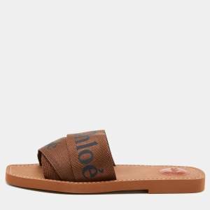 Pre Owned Chloe Brown Canvas Logo Ribbon Woody Flat Slides Size 40