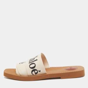 Chloe Off White Logo Print Canvas Woody Flat Slides Size 38