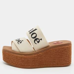 Chloe Beige Logo Print Canvas Woody Wedge Slide Sandals Size 35
