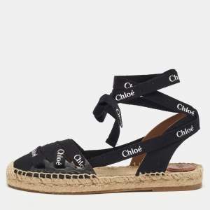 Chloe Black Canvas Ingrid Ankle Wrap Espadrille Flats Size 38