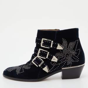 Chloe Navy Blue Studded Velvet Susanna Boots Size 38.5