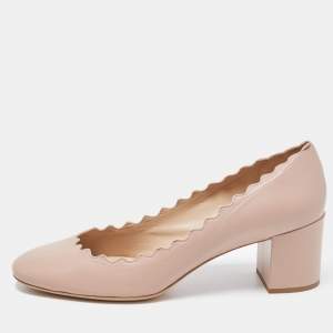  Chloe Dusty Pink Leather Scalloped Block Heel Pumps Size 40