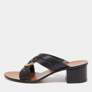 Chloé Black Leather  Rony Slides Block Heel Sandals Size 38