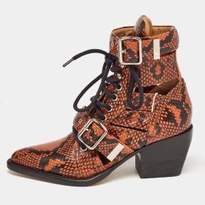 Chloe Brown Python Embossed Leather Rylee Ankle Boots Size 34.5