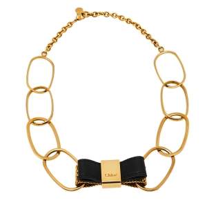 Chloe Gold Tone Metal Leather Bow Detail Chain Necklace