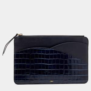 Chloe Navy Blue Croc Embossed Leather iPad Pouch