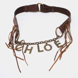 Chloe Brown Leather Fringe Logo Charm Belt 110CM