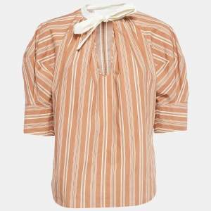 Chloe Brown Stripe Print Silk Neck Tie Up Top M