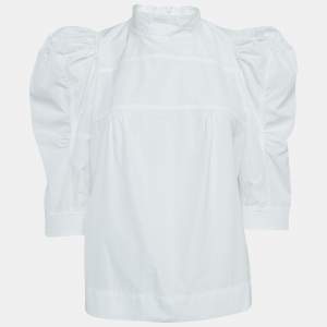 Chloe White Cotton Puff Sleeves High Neck Blouse L
