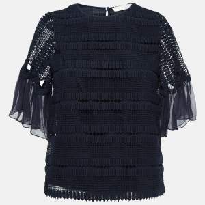 Chloe Navy Blue Crochet Flutter Sleeve Top S