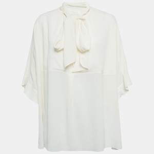 Chloe Cream Textured Silk Crepe Tie-Up Neck Tunic L