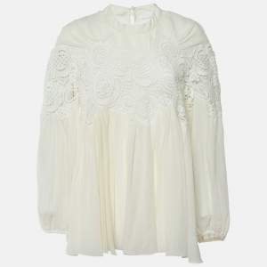 Chloe Cream Silk & Lace Trim Flared Top L