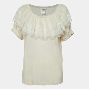 Chloe Ecru Cream Knit Lace Trimmed Top XS