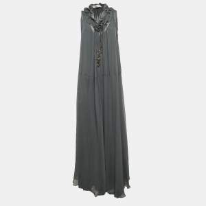 Chloe Anthracite Grey Crepe Silk Beaded Maxi Dress L