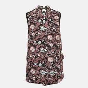 Chloe Navy Blue/Orange Floral Embroidered Chiffon Open Front Vest M