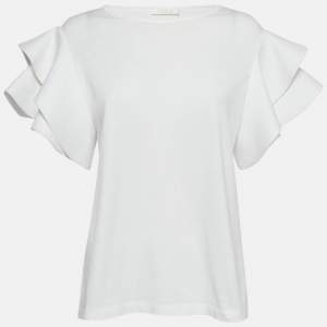 Chloe White Cotton Knit Ruffled Sleeve Top S