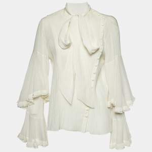Chloe Iconic Milk White Cotton Blend Ruffled Tie-Up Neck Blouse L
