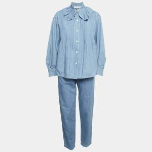 Chloe Blue Eternal Blue Denim Ruffled Blouse and Trousers Set S