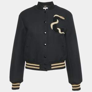Chloe Black Snake Embroidered Wool Drill Bomber Jacket S
