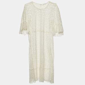 Chloe Eggshell White Guipure Lace Sheer Knee Length Dress M