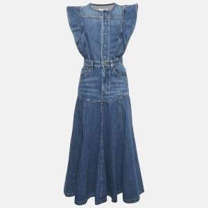 Chloé Blue Denim Flared Basque Cap-Sleeve Midi Dress S