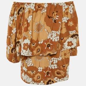 Chloe Brown Floral Print Cotton Off-The-Shoulder Blouse S