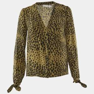 Chloe Taupe Green Printed Silk Button Front Blouse M