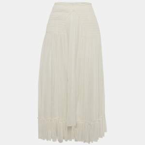 Pre Owned Chloe White/Iconic Milk Chiffon Smocked Midi Skirt S