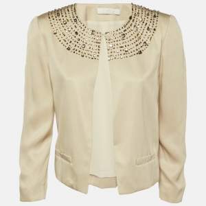 Pre Owned Chloé Sable Beige Silk Crystal Embellished Jacket M