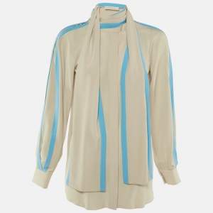 Pre Owned Chloé Light Beige/Blue Silk Tie Detail Blouse S
