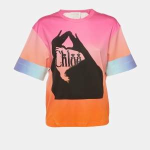 مملوكة مسبقًا Chloé Pink/Orange Graphic Logo Print Cotton T-Shirt S