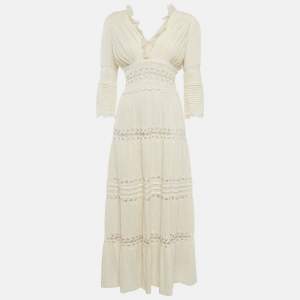 Pre Owned Chloe Cream Pintucked Linen Lace Panelled Maxi Dress S