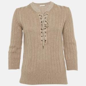 Pre Owned Chloe Beige Wool Blend Lace Tie up Detail Sweater M