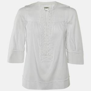Pre Owned Chloe White Cotton Bead Button Detail Blouse S