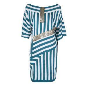 Pre Owned Chloe Aqua Blue and White Striped Knit Metal Sequin Embellished Dress