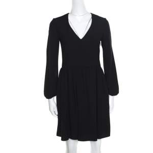 Pre Owned Chloe Black V-Neck Gathered Waist Long Sleeve Dress S