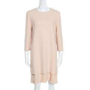 Chloe Beige Crepe Layered Ruffled Hem Long Sleeve Dress M