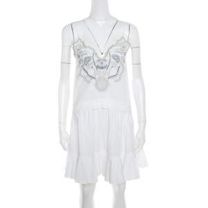 Chloe White Blossom Embroidered Cotton Pleated Mini Dress S